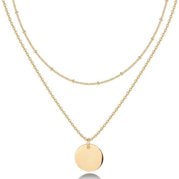 14K Gold Plated Double Layer Coin Pendant Necklace Women Stylish Minimalist Desi - Picture 1 of 4